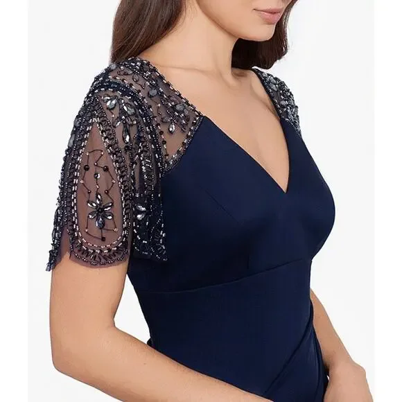 Xscape Short Beaded Sheer Flutter Sleeve Cascading Draped Waist Beaded Gown 12